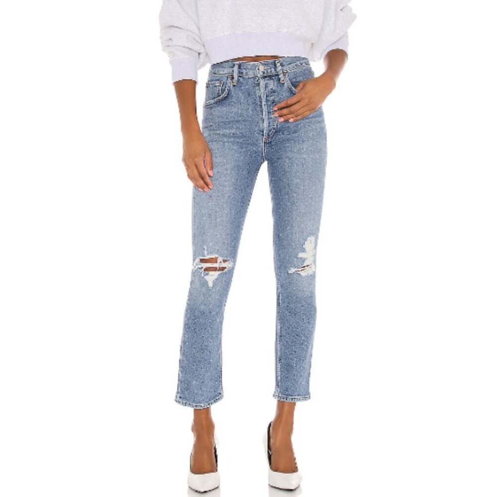 Agolde Riley High Rise Straight Crop Jeans in Whiplash Distressed - Picture 8 of 8